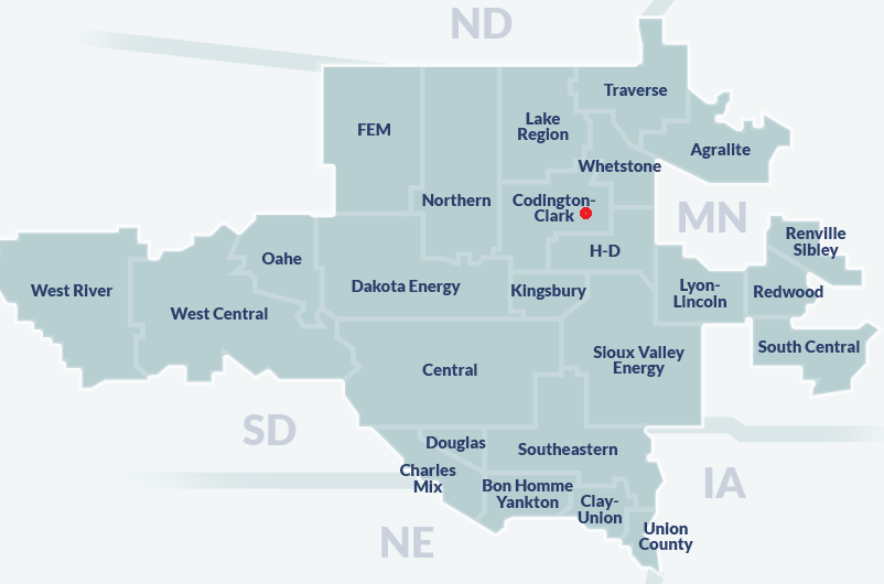 A map of R.E.E.D.s  territory, mostly Co-ops in SD, some in MN, IA & NE